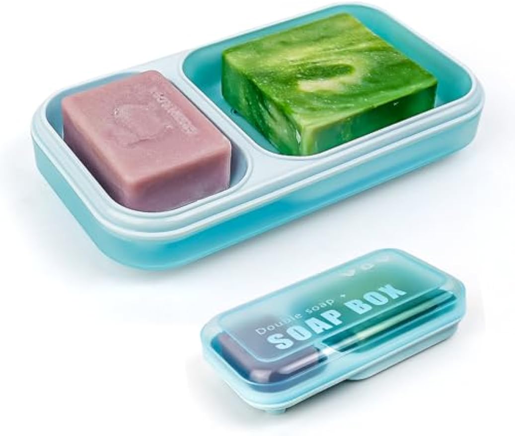 AIDIMMING Large Countertop Double Soap Dish with Lid, 2-Compartment Self Draining Soap Holder for Shower, Sink & Bathtub, 7.9 x 4.3 in Holder for Shampoo Bars and Bath Soap Bars, Light Blue