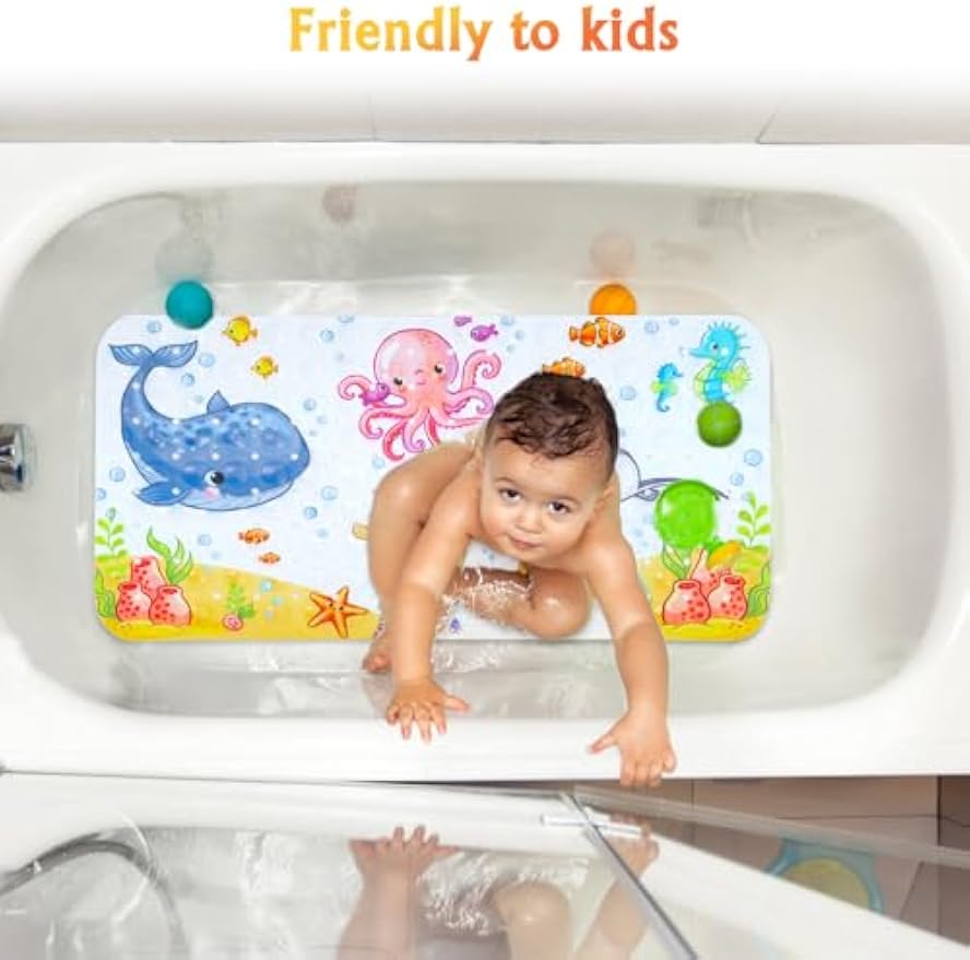 Secopad Bathtub Mat Non Slip, Cute Bath Tub Mat, 27.5" x 15", Pink Octopus | Rectangular, Anti-Slip, Machine Washable, with Drain Holes and Suction Cups,For Bathtub and Shower Floor, for Toddler & Kids