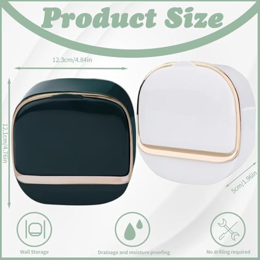 ASTIMESA 2 Packs Waterproof Wall-Mounted Soap Dishes Box, Adhesive Plastic Soap Holder with Drain Lid Tray for Bar Bathroom Shower Keep Dry Flip Self Draining White & Dark Blue