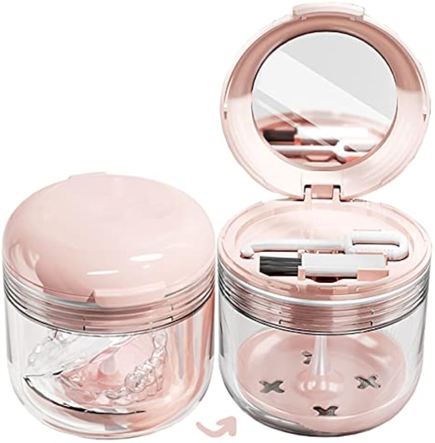 MURRI&MURRDI Retainer Mouth Guard Soak Container Box, Denture Bath Case with Strainer Basket, Braces Cleaner Cup Leak Proof, Travel Cleaning Storage Holder for Aligners Dental, Pink