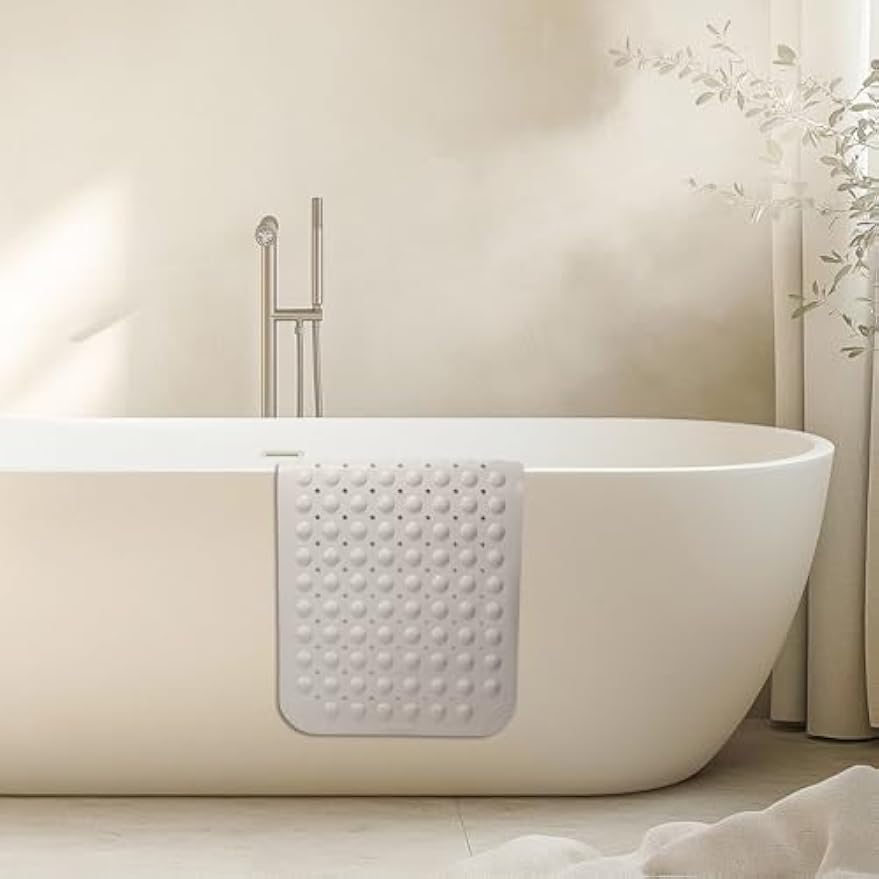 Non Slip Shower Mats for Inside Shower 15 x 27.5 Inch, TPE Bathtub Mat Non-Slip, Bath Mat for Tub with Suction Cups, Drain Holes Bath Tub Mat for Bathroom (Beige)