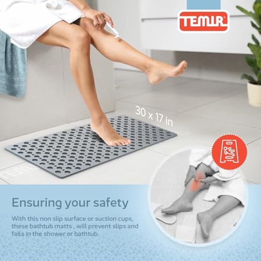TEMIR Non Slip Bathtub Mat for Shower — Anti Skid Safety Mat with Strong Suction Cups, Quick Drain Holes, Machine Washable, Soft Bathroom Mat for Elderly & Kids, 30x17 in (75x43 cm) Gray