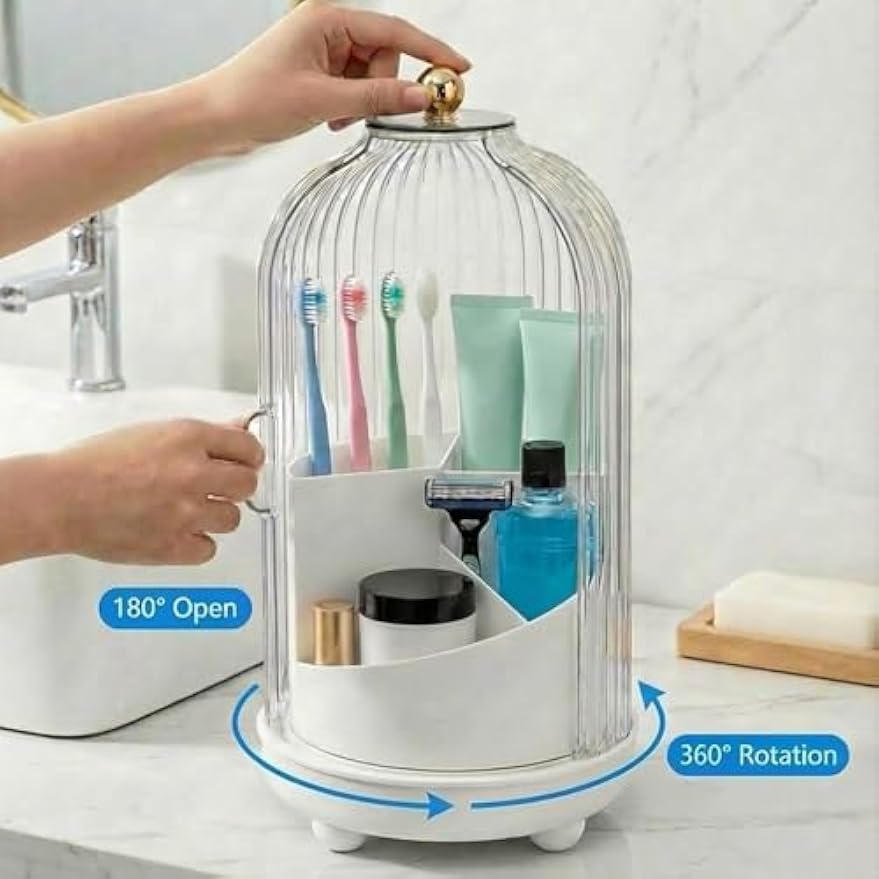 360° Rotating Toothbrush Holder with Cover - Dustproof Bathroom Countertop Organizer for Manual Toothbrushes & Razors - Spinning Vanity Makeup Brush Storage with Sliding Lid (White/Clear)