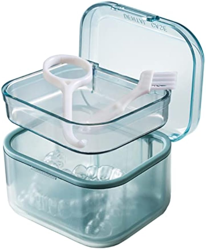 MURRI&MURRDI Retainer Case, Denture Bath Box with Strainer Basket, Mouth Guard Case, Braces Cleaner Cup, Cute Denture Cleaning Holder for Travel Retainer Storage Soak Container (B Blue)