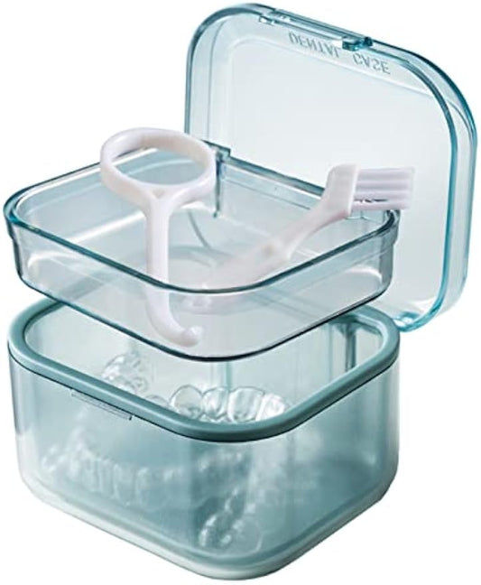 MURRI&MURRDI Retainer Case, Denture Bath Box with Strainer Basket, Mouth Guard Case, Braces Cleaner Cup, Cute Denture Cleaning Holder for Travel Retainer Storage Soak Container (B Blue)