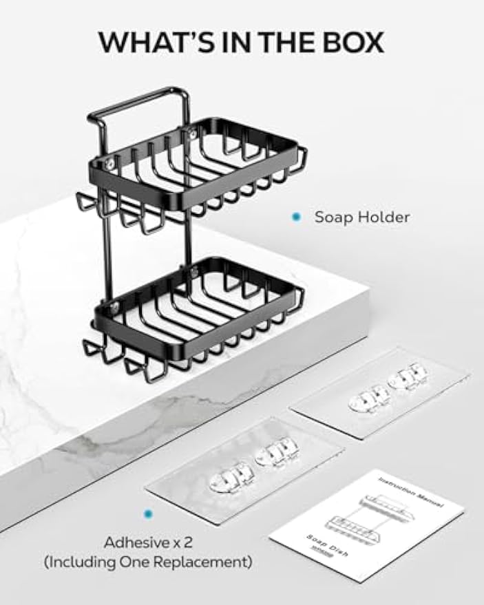 Nieifi Bar Soap Holder, Adhesive Soap Dish for Bathroom Shower Wall | Stainless steel, 2 tier, razor holders, 8 hooks, bathtub, kitchen sink, wall mounted, no drilling, counter, black