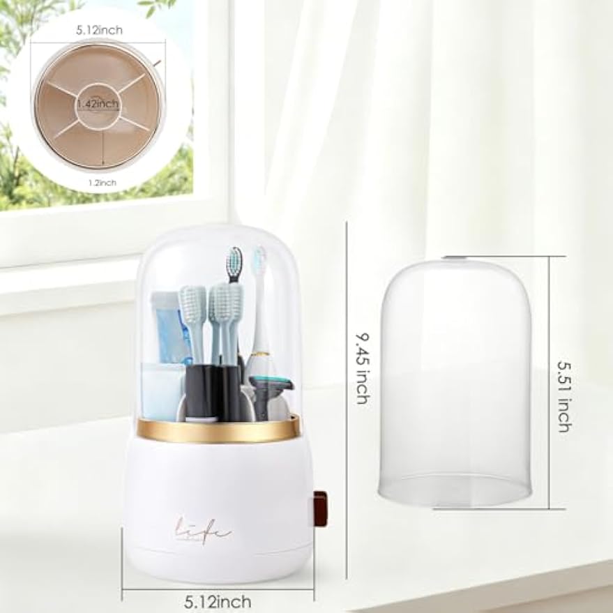 Toothbrush Holders, Toothbrush Holders for Bathrooms, Makeup Brush Holder | Toothbrush and Toothpaste Holder, Rotatable Toothbrush Holder with Transparent Dust Cover, Multi Drainage Vent Holes