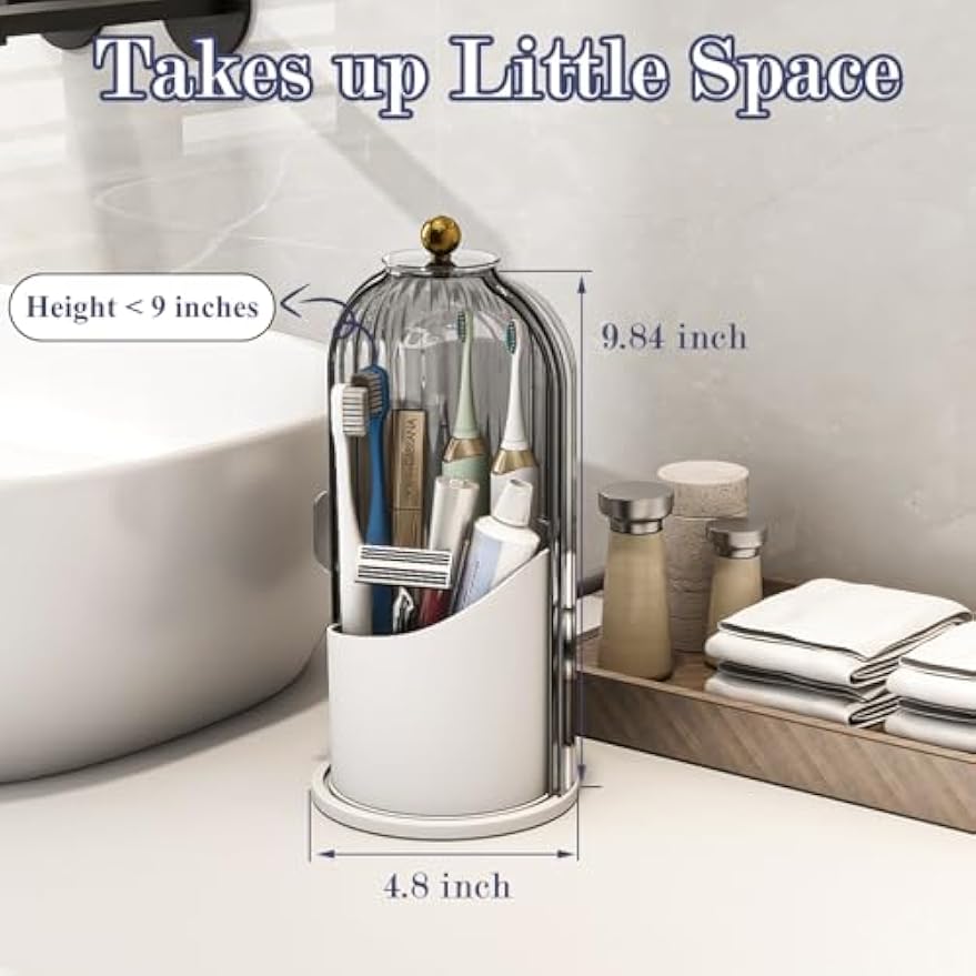 Waterproof Toothbrush Holder with 180° Rotating Cover, Grey White | Dustproof, 360° Rotating Base, Smooth Sliding Lid, Toothpaste Holder, 3 Slots, for Bathroom Countertop
