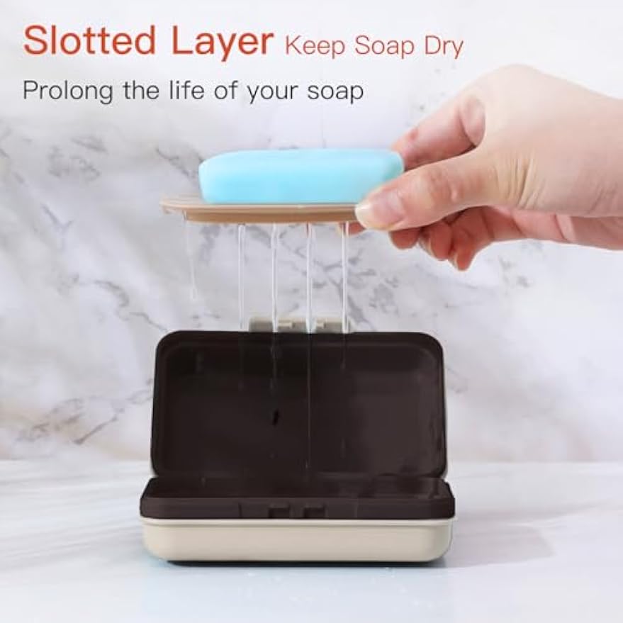 Quatish Leakproof Bar Soap Holder Dish with Lid for Shower, Portable 1 Pack Travel Soap Case Box for Gym, Camping, Hiking, Outdoor Use, Travel Size Toiletries Essentials, Keeps Soap Dry, Brown