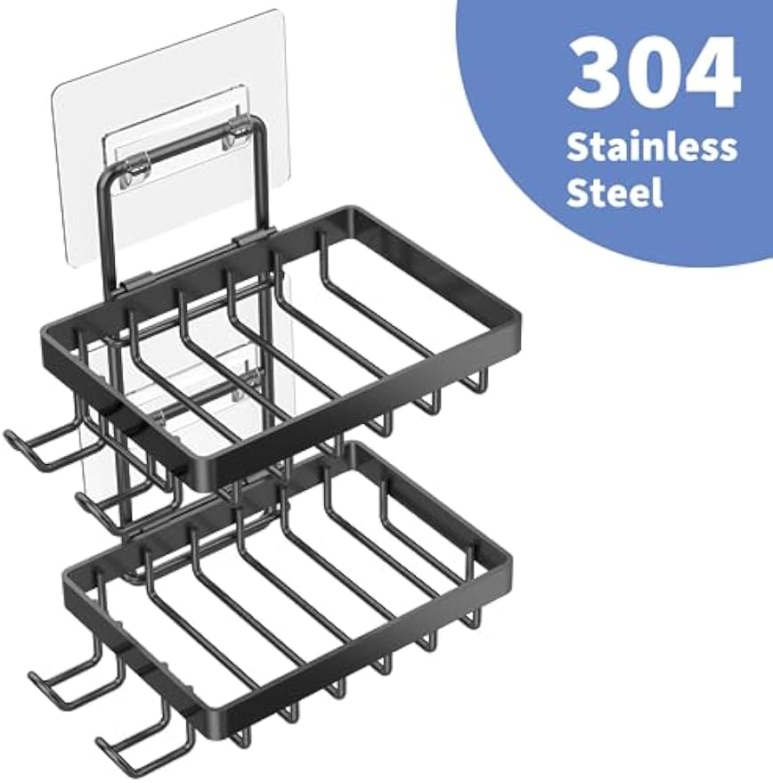 Moforoco Double Soap Bar Holder for Shower, No Drilling, 304 Stainless Steel, Wall Mounted Soap Holder with 4 Hooks and Razor Holder, Shower Rack Soap Tray Bar Soap for Bathroom Accessories Organizer