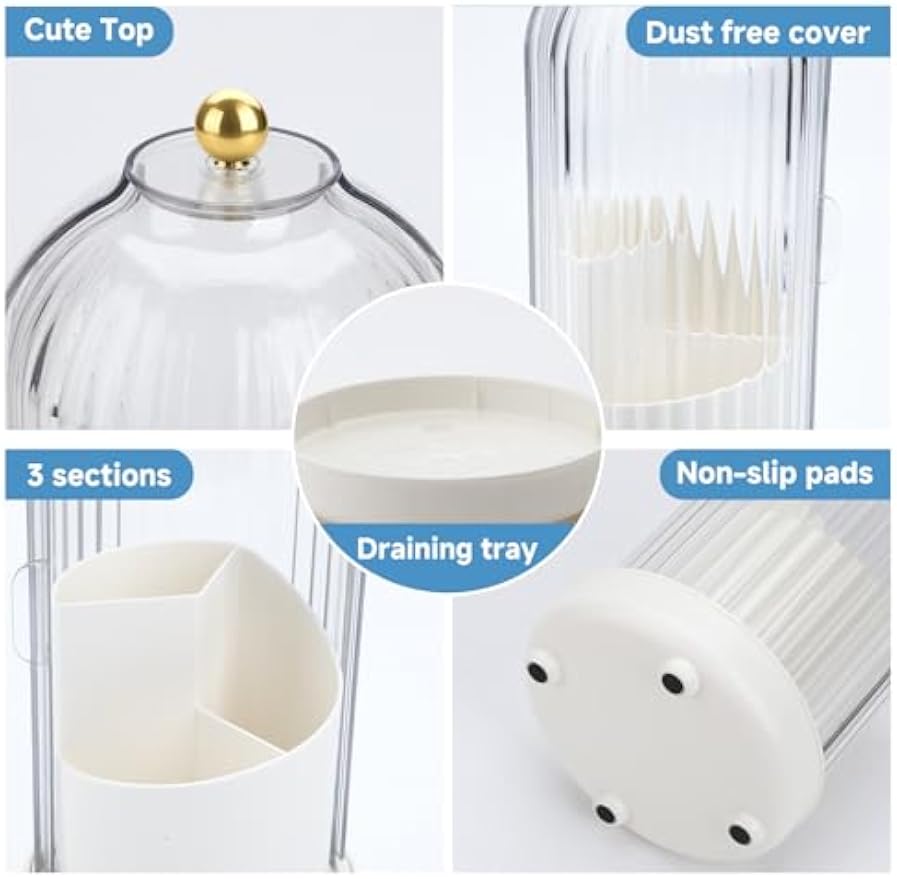 Toothbrush Organizer with Cover,3 Slots for Bathroom Toothbrush Holders with Lid,Dustproof Design,Rotating Holder,Ideal Makeup Brushes Holder for Bathroom Countertop Organization and Storage