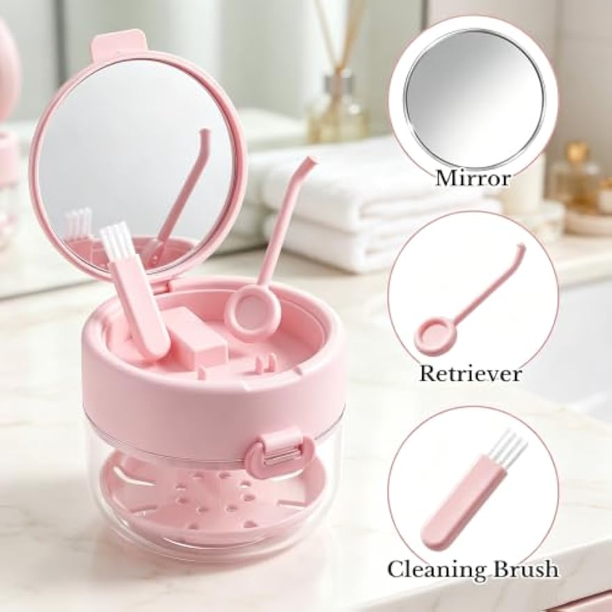 3-in-1 Leakproof Retainer Denture Box Auto Lift Tray w/Mirror Brush | Leakproof travel retainer cleaner case with auto lift tray, mirror brush for aligner soaking storage