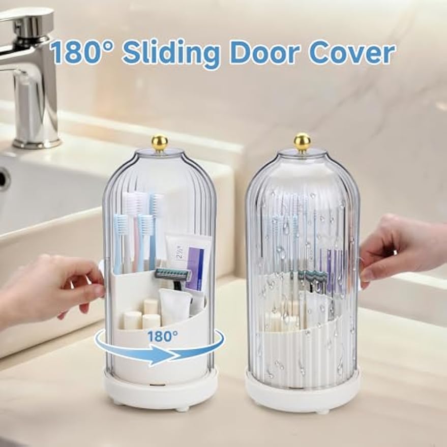 Toothbrush Organizer with Cover,3 Slots for Bathroom Toothbrush Holders with Lid,Dustproof Design,Rotating Holder,Ideal Makeup Brushes Holder for Bathroom Countertop Organization and Storage