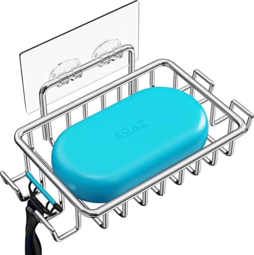 Nieifi Bar Soap Holder for Shower Wall, Adhesive Soap Dish for Bathroom | Stainless steel, razor holder, 4 hooks, soap dish for shower, wall mounted, soap caddy, sponge holder, rustproof, silver