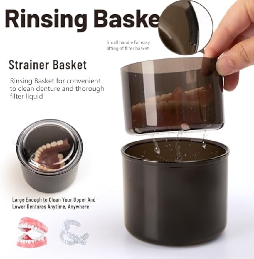 Denture Case with Strainer Basket & Brush, Denture Bath Cup for Full & Partial Dentures, Retainer & Mouth Guard Storage, Denture Soaking Container, Dental Bath Holder -Black