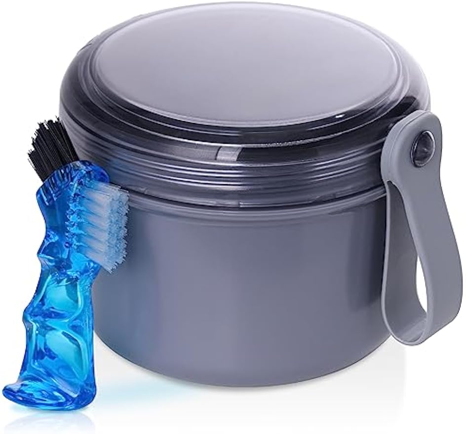 Denture Case, Leakproof Denture Soaking & Retainer Cleaning Container Cup | Durable, With Strainer Basket for Cleaning Full & Partial Dentures, Retainer, Mouthguard, Kit: Denture Cleaner Brush - Grey