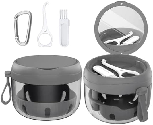 Denture Bath Box Cup, Leak Proof Denture Cup Kit Portable Retainer Case for Travel, Denture Case Cleaning Care for Dentures Aligner Mouth Guard with Denture Brush,Strainer, Removal Tool and Mirror