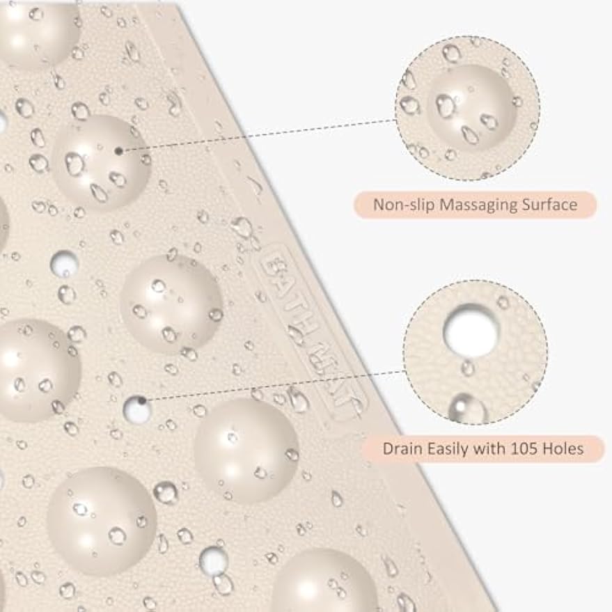 Non Slip Shower Mats for Inside Shower 15 x 27.5 Inch, TPE Bathtub Mat Non-Slip, Bath Mat for Tub with Suction Cups, Drain Holes Bath Tub Mat for Bathroom (Beige)