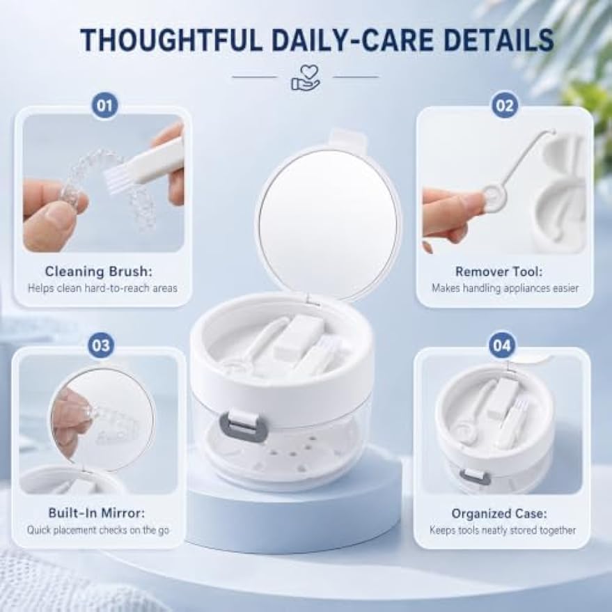 Retainer Cleaner Case, Retainer Case for Women Teen Girls, 3-in-1 Denture Bath Box with Leak Proof, Denture Bath Case with Mirror Cleaning Brush and Removal Tool (White)