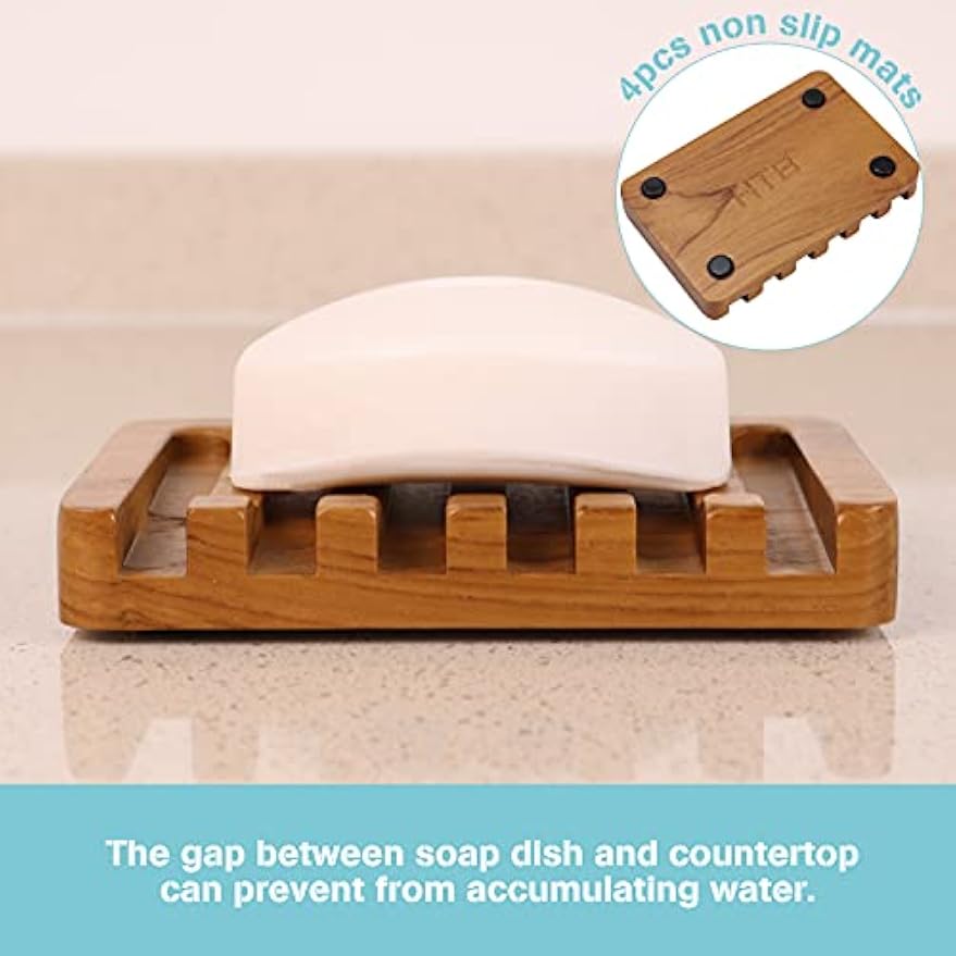 HTB Soap Dish with Slanted Waterfall Design,Teak Wood Bar Soap Holder | Soap Saver Keep Soap Bar Dry,Extend Soap Life,Non-slip Soap Tray for Shower,Bathroom,Sink,Kitchen,Countertop,Self Draining
