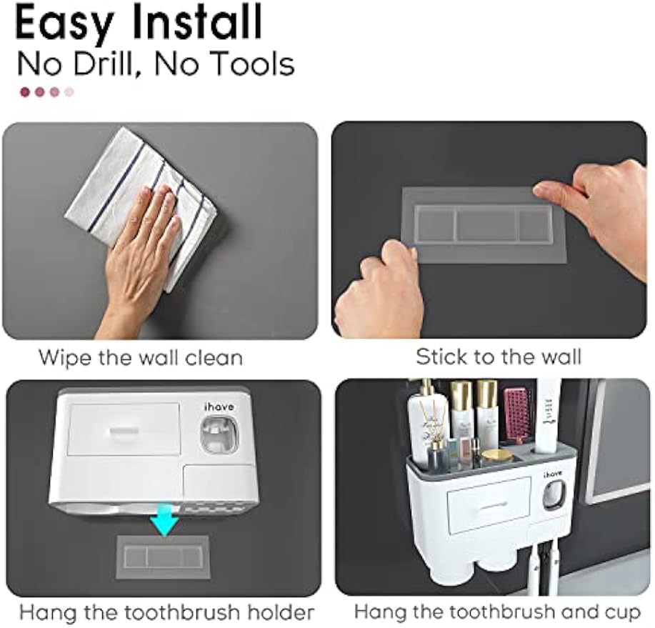 iHave Toothbrush Holders Wall Mounted with Toothpaste Dispenser & 2 Cups | All-in-One Bathroom Organizer: 2 Cups, 6 Slots, Toothpaste Dispenser, Large Tray & Drawer. Wall Mount, No Drilling Required