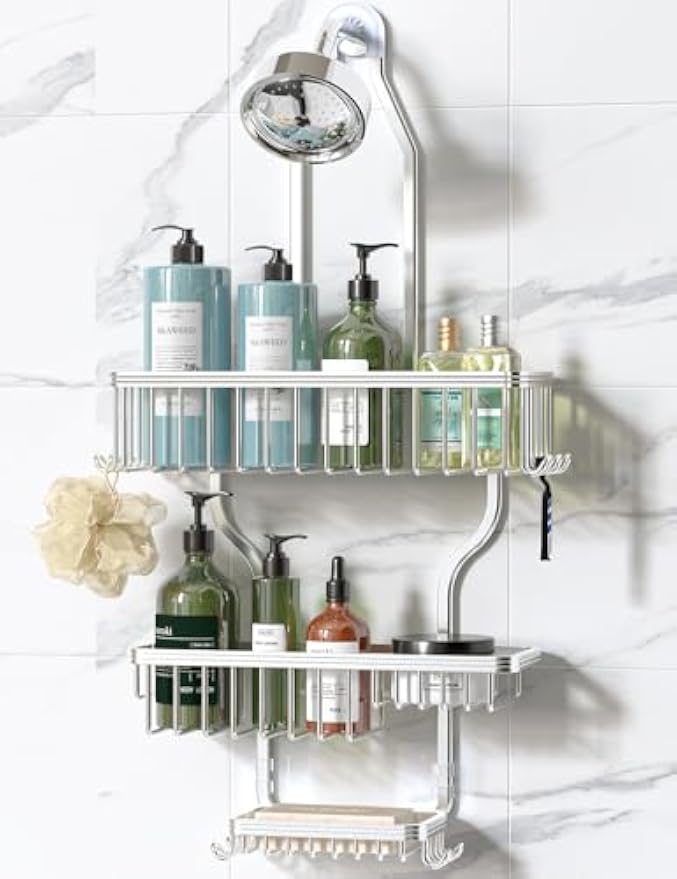 YASONIC Never Rust Shower Caddy Hanging, Aluminum Shower Racks for Inside Shower, 3-Tier Shower Organizer Hanging Over Shower Head with Hooks and Soap Holder, Silver