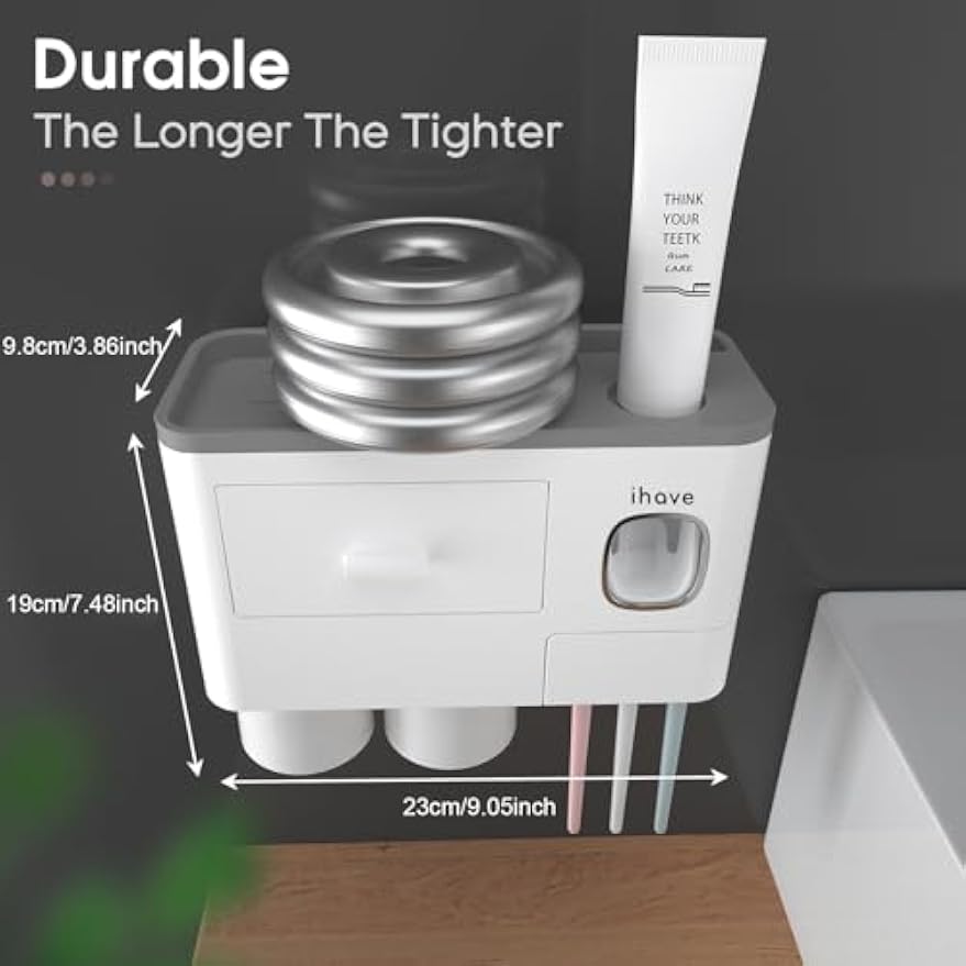 iHave Toothbrush Holders Wall Mounted with Toothpaste Dispenser & 2 Cups | All-in-One Bathroom Organizer: 2 Cups, 6 Slots, Toothpaste Dispenser, Large Tray & Drawer. Wall Mount, No Drilling Required