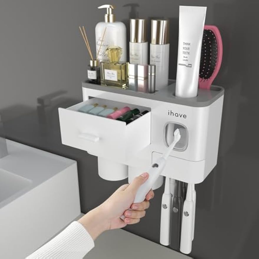 iHave Toothbrush Holders Wall Mounted with Toothpaste Dispenser & 2 Cups | All-in-One Bathroom Organizer: 2 Cups, 6 Slots, Toothpaste Dispenser, Large Tray & Drawer. Wall Mount, No Drilling Required