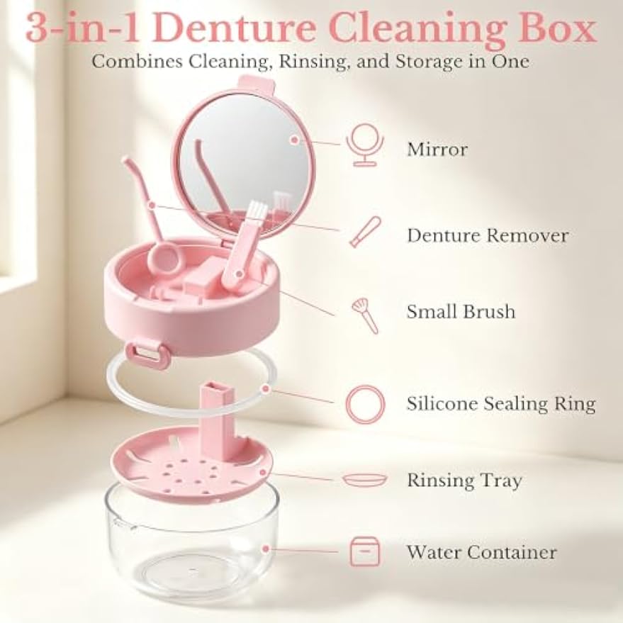 3-in-1 Leakproof Retainer Denture Box Auto Lift Tray w/Mirror Brush | Leakproof travel retainer cleaner case with auto lift tray, mirror brush for aligner soaking storage