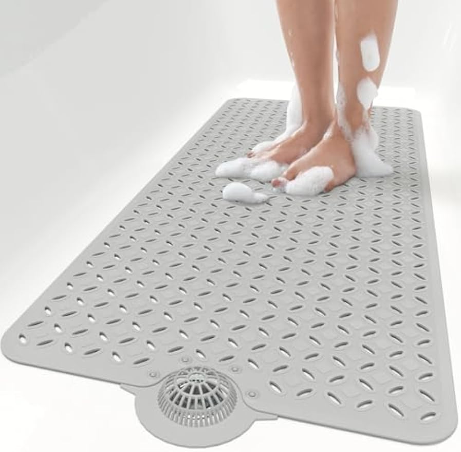 OTHWAY Bath Mat for Tub Non Slip: 39" X 17" Long Bathtub Mat with Hair Catcher│Big Drain Holes Shower Mats for Inside Shower│Machine Washable (Grey)