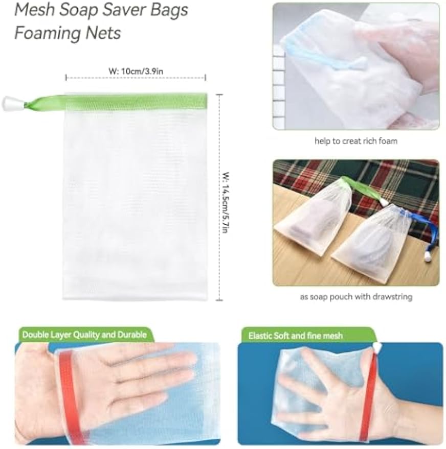10PCS Mesh Soap Bag, Exfoliating Soap Saver Pouch, Foam Net Soap Saver, Soap Bag Soft for Shower with Drawstring