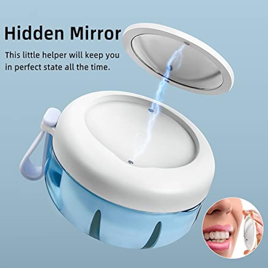 OB05 Leak Proof Denture Cup Kit Portable Retainer Case Perfect for Travel, Denture Case Container Cleaning Care for Dentures Aligner Mouth Guard with Denture Brush,Strainer, Removal Tool and Mirror