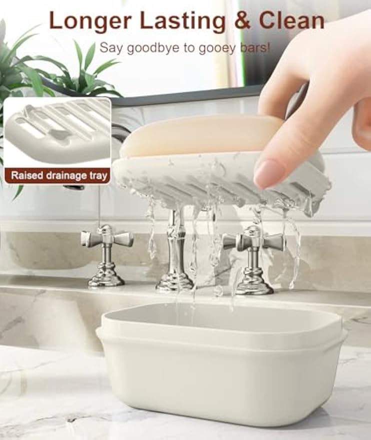 Quatish Leakproof Soap Dish with Lid & Draining Layer, Shatterproof Travel Bar Soap Holder Case Container, Portable Travel Size Toiletries Essentials for Camping, Gym, Bathroom, Beige