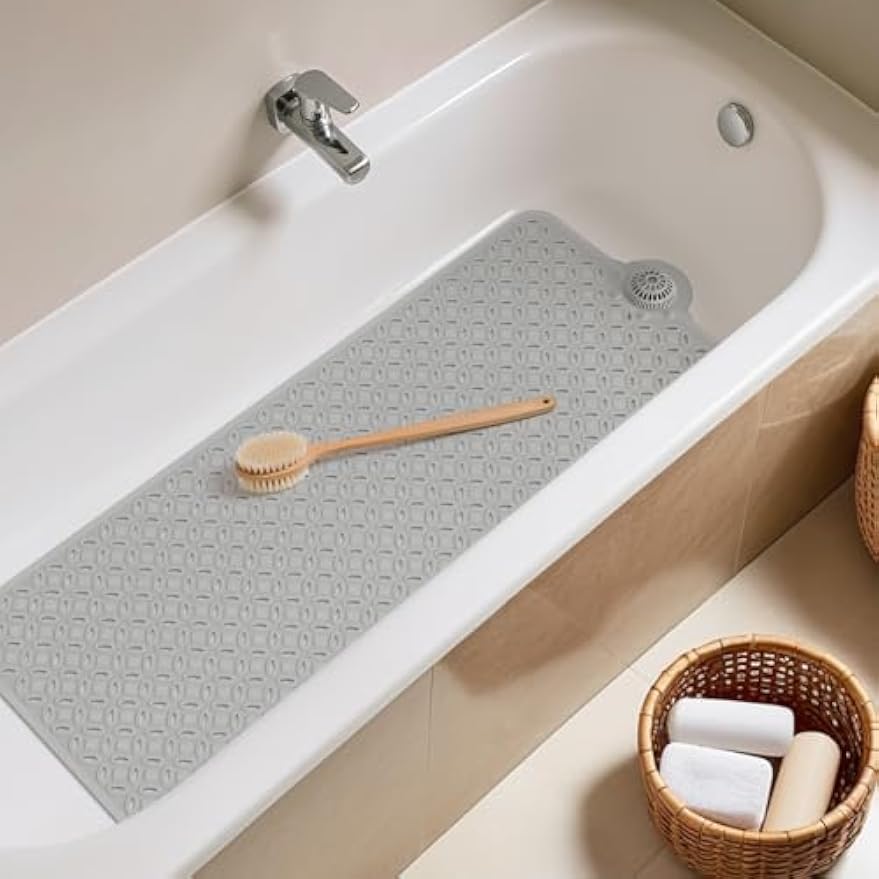 OTHWAY Bath Mat for Tub Non Slip: 39" X 17" Long Bathtub Mat with Hair Catcher│Big Drain Holes Shower Mats for Inside Shower│Machine Washable (Grey)