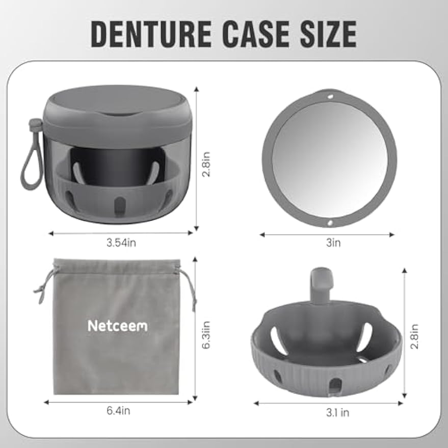 Denture Bath Box Cup, Leak Proof Denture Cup Kit Portable Retainer Case for Travel, Denture Case Cleaning Care for Dentures Aligner Mouth Guard with Denture Brush,Strainer, Removal Tool and Mirror