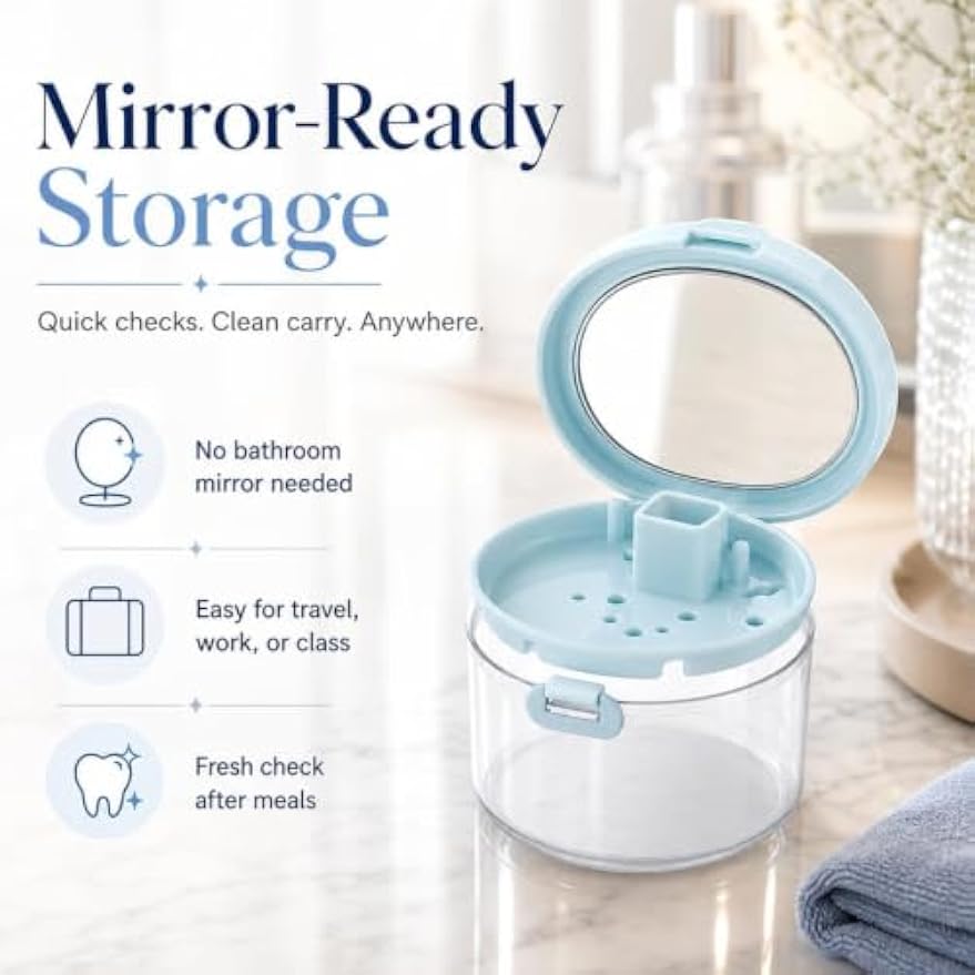 3-in-1 Retainer Case with Mirror & Cleaning Brush, Leak-Proof Aligner Storage Box with Auto-Rising Bath, Strainer Basket & Remover Tool, Portable Dental Travel Kit for Daily Care (White)