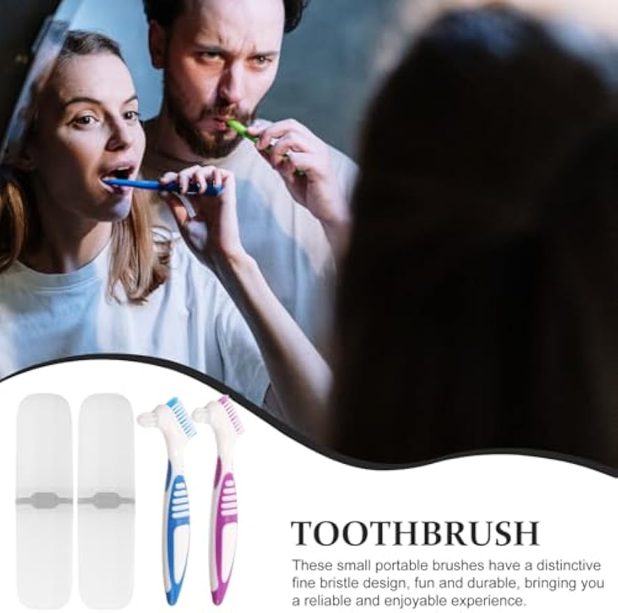 Healeved Denture Brush Set with Travel Case Double-Sided False Teeth Toothbrush Compact Storage Box for Oral Care Portable 6.3X2X0.8 Inches