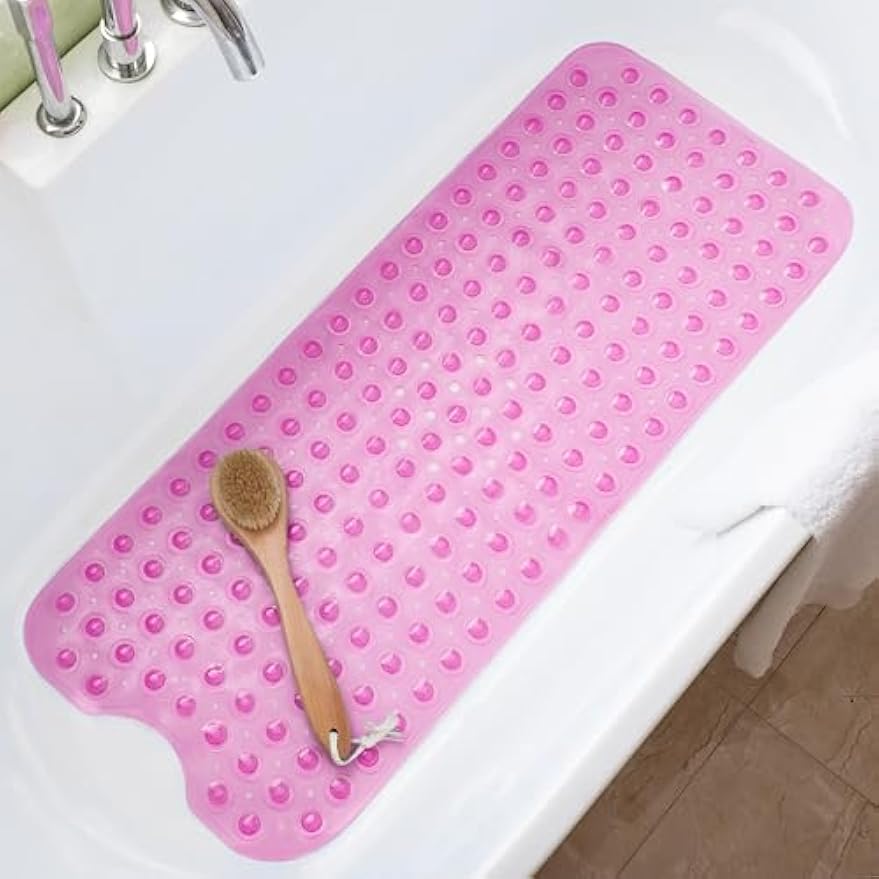 Bathtub Mats for Shower Tub Non-Slip Bath Mat 39 x 16 Inch Extra Long Shower Mat, Bath Tub Mat for Bathroom with Machine Washable, BPA Free for Kids (Clear Hot Pink)