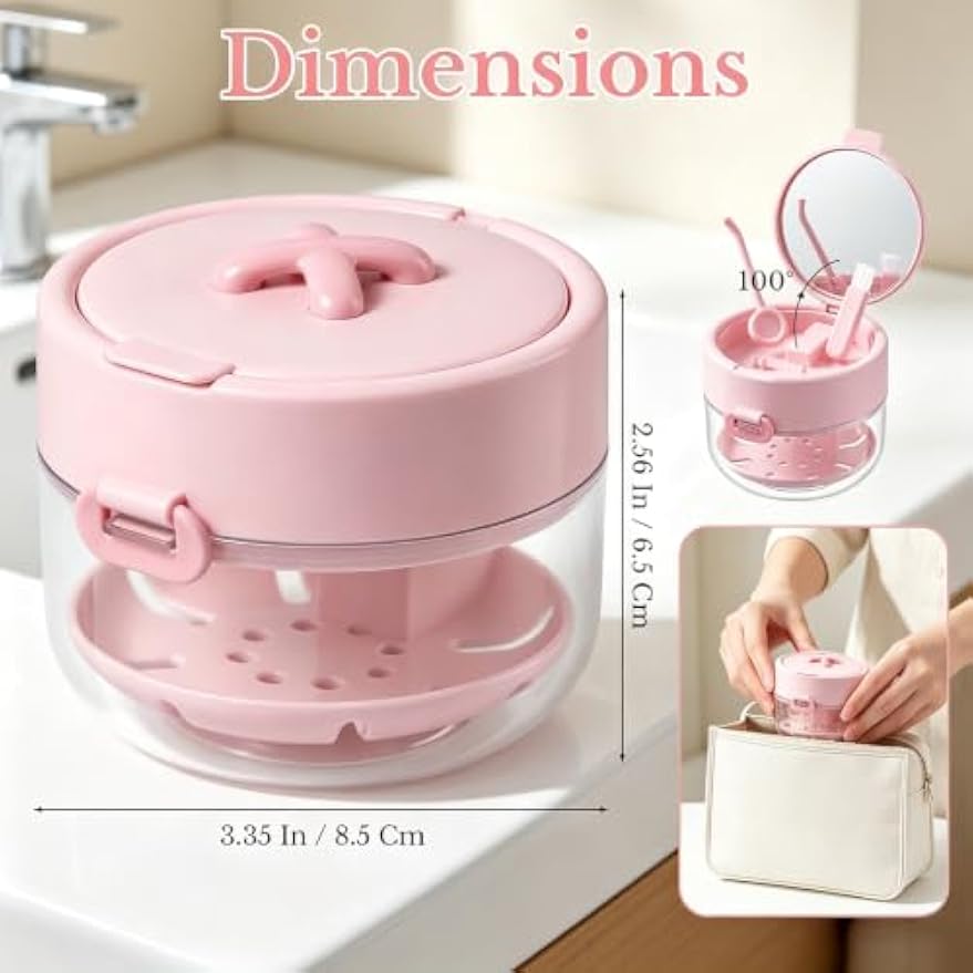3-in-1 Leakproof Retainer Denture Box Auto Lift Tray w/Mirror Brush | Leakproof travel retainer cleaner case with auto lift tray, mirror brush for aligner soaking storage