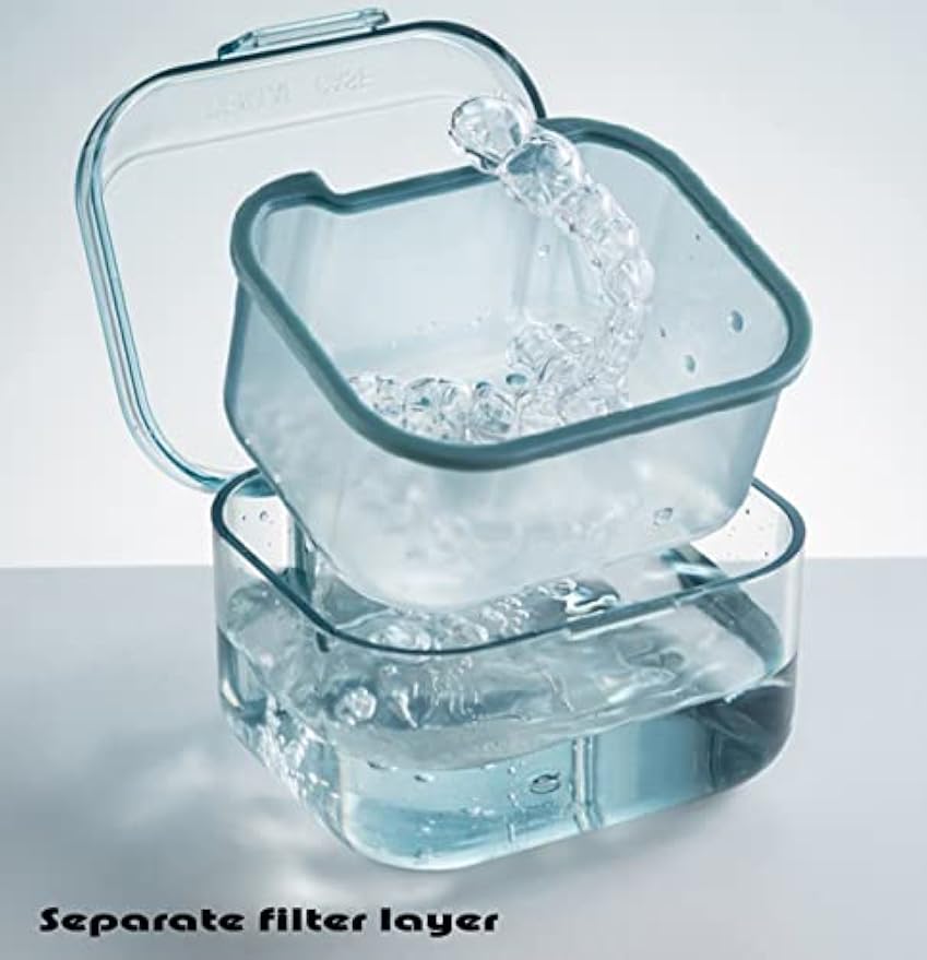 MURRI&MURRDI Retainer Case, Denture Bath Box with Strainer Basket, Mouth Guard Case, Braces Cleaner Cup, Cute Denture Cleaning Holder for Travel Retainer Storage Soak Container (B Blue)