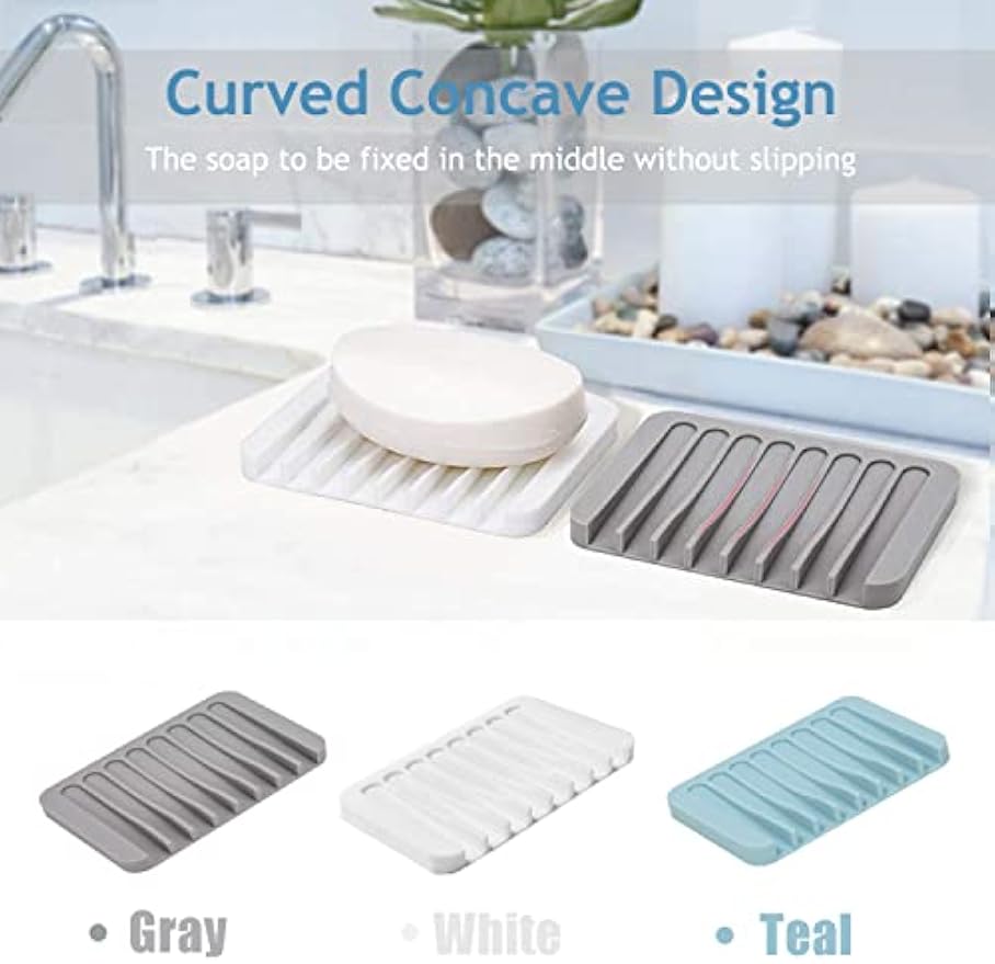 Self Draining Soap Dishes, 3 Pcs Silicone Soap Saver, Waterfall Drainer Soap Holder for Bathroom, Extend Soap Life, Keep Soap Bars Dry Clean & Easy Cleaning (White, Gray, Teal)