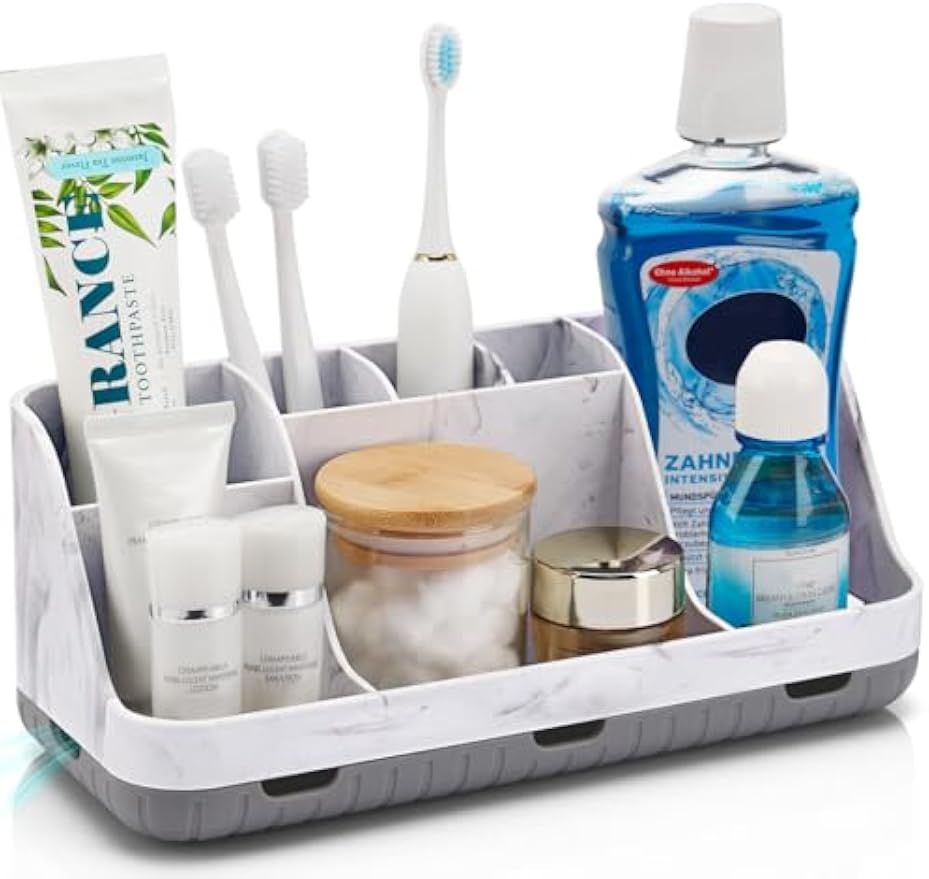 GFWARE Marble Bathroom Countertop Organizer - Detachable 7 Slots Kids Electric Toothbrush and Toothpaste Holde Drainage for Bathroom Accessories Organization Counter Vanity Storage, Grey | Detachable 7 Slots Kid Electric Toothbrush and Toothpaste Holder,
