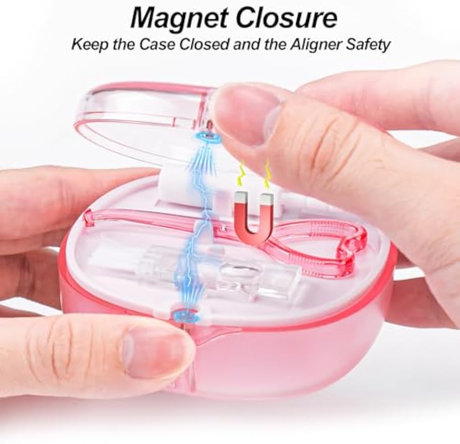 Pink Aligner and Retainer Case Double-layer Cute Slim Braces Night Mouth Guard Case with Remover Tool, Chew and Cleaning Brush, Built in Mirror Orthodontic Dental Retainer Container