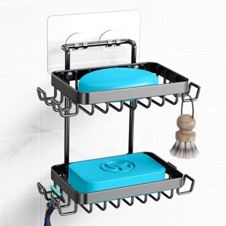 Nieifi Bar Soap Holder, Adhesive Soap Dish for Bathroom Shower Wall | Stainless steel, 2 tier, razor holders, 8 hooks, bathtub, kitchen sink, wall mounted, no drilling, counter, black
