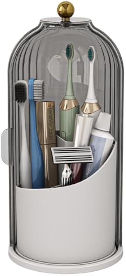 Waterproof Toothbrush Holder with 180° Rotating Cover, Grey White | Dustproof, 360° Rotating Base, Smooth Sliding Lid, Toothpaste Holder, 3 Slots, for Bathroom Countertop