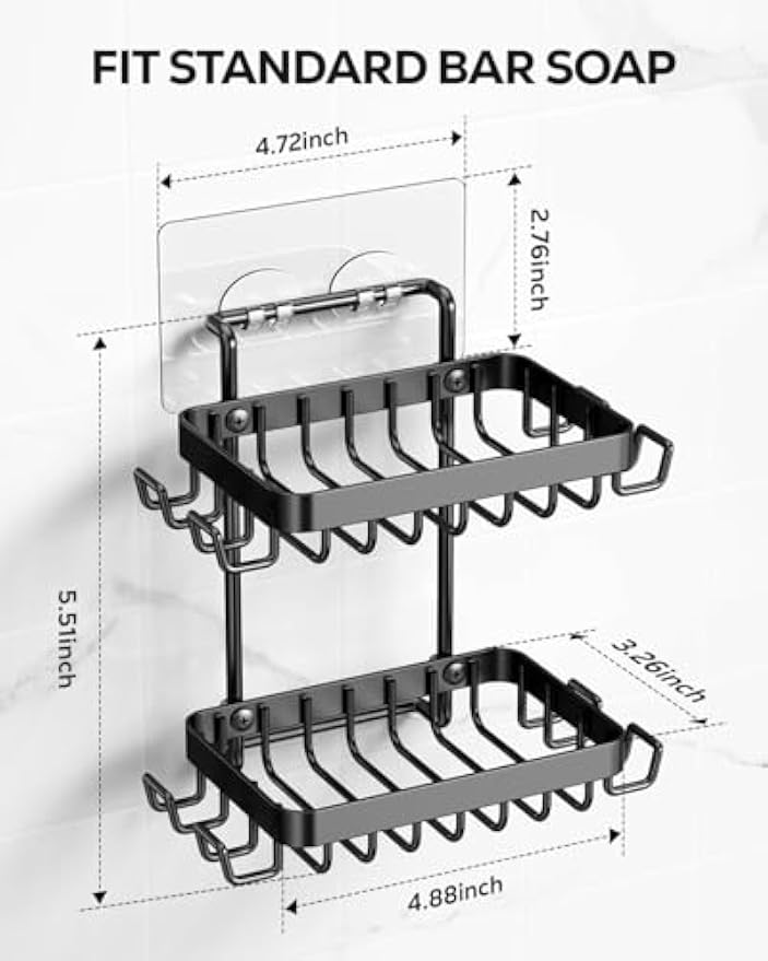 Nieifi Bar Soap Holder, Adhesive Soap Dish for Bathroom Shower Wall | Stainless steel, 2 tier, razor holders, 8 hooks, bathtub, kitchen sink, wall mounted, no drilling, counter, black