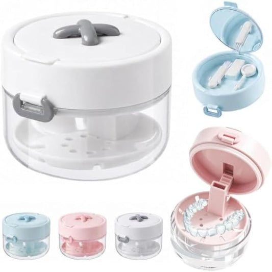 3-in-1 Retainer Case with Mirror & Cleaning Brush, Leak-Proof Aligner Storage Box with Auto-Rising Bath, Strainer Basket & Remover Tool, Portable Dental Travel Kit for Daily Care (White)