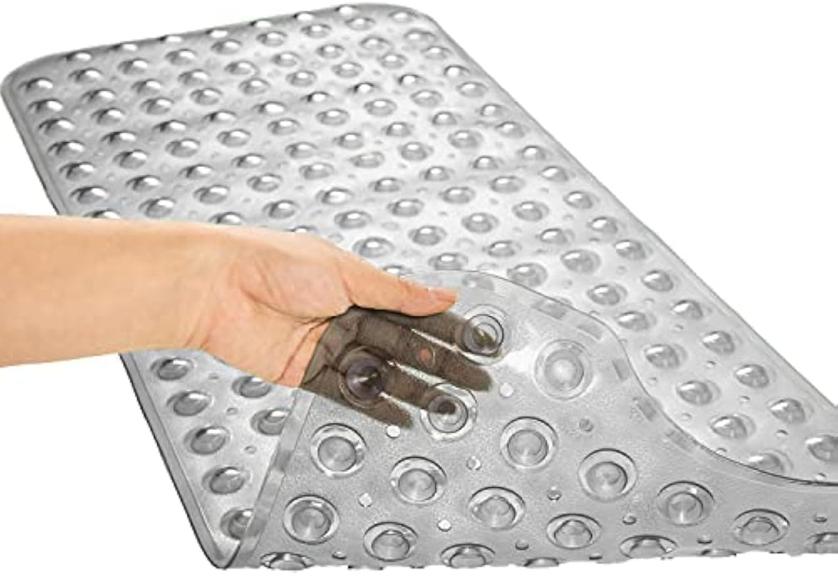 TEESHLY Bathtub Mats for Shower Tub, Extra Long Non-Slip 39 x 16 Inch Bath Mat with Drain Holes and Suction Cups, BathMat for Bathroom with Machine Washable (Clear Grey)
