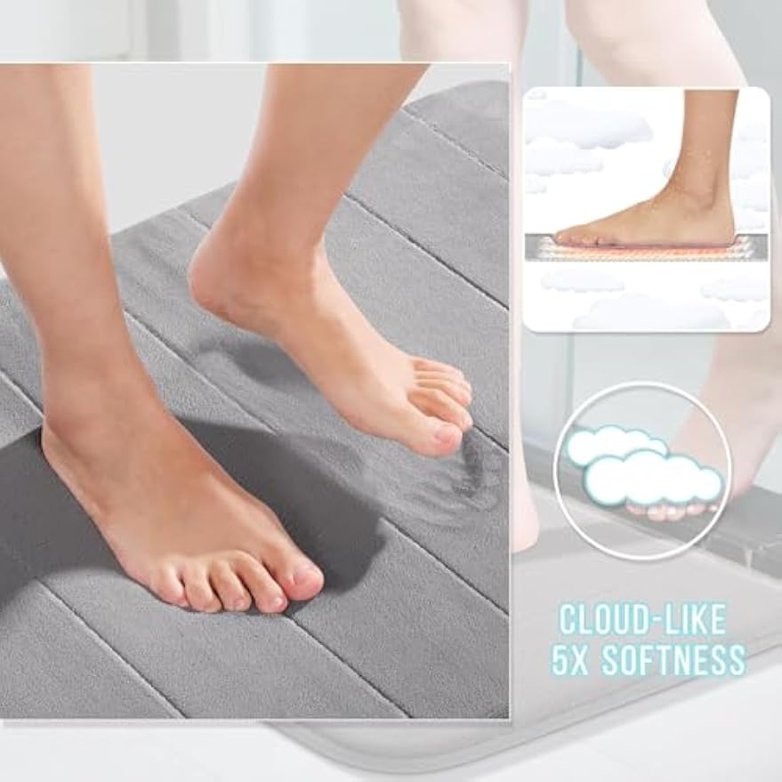 Yimobra Memory Foam Bath Mat Set 3 Pieces- Super Soft Absorbent Quick Dry Bathroom Rug Sets, Machine Washable Non Slip Floor Carpet for Tub Shower, Vanity & Toilet Base, Gray