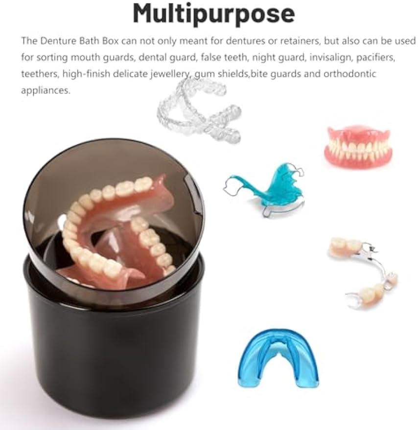 Denture Case with Strainer Basket & Brush, Denture Bath Cup for Full & Partial Dentures, Retainer & Mouth Guard Storage, Denture Soaking Container, Dental Bath Holder -Black